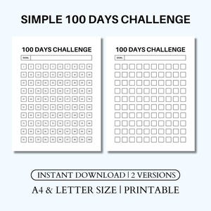 Reto simple de 100 días, rastreador de hábitos imprimible, planificador de rutina diaria, hoja de trabajo de retos, plantilla de registro, tamaño A4/carta, descarga instantánea