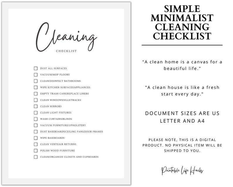 Minimalist Cleaning Checklist, House Cleaning Guide, Cleaning Routine ...