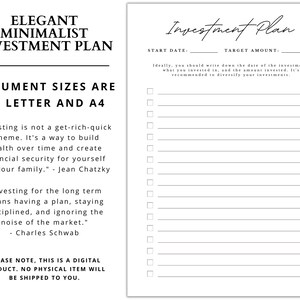 Puede incluir: Una lista de verificación de plan de inversión imprimible con un diseño en blanco y negro. La lista de verificación incluye una sección para la fecha de inicio, el monto objetivo y una lista de elementos en los que invertir. El texto "Plan de inversión" está escrito en cursiva en la parte superior de la página.