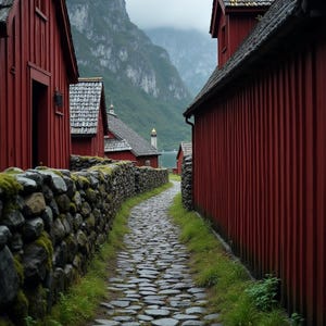 May include: A narrow cobblestone path winds between two rows of red wooden buildings with dark shingled roofs. A moss-covered stone wall lines the left side of the path, while tall, steep mountains shrouded in mist rise in the background.