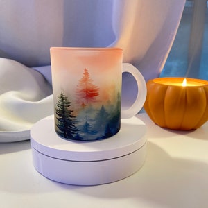 Misty winter forest frosted glass mug