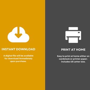 May include: A graphic showing two options for purchasing a digital product: instant download from a cloud icon or print at home from a printer icon. The text "Instant Download" and "Print at Home" is displayed below each icon.