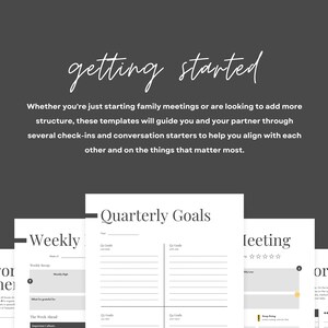 May include: A set of printable templates for family meetings, including weekly, quarterly goals, and meeting agendas. The templates are designed to help families align on important topics and goals.