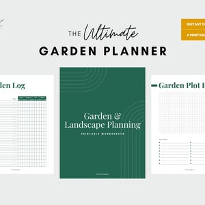Könnte beinhalten: Druckbare Gartenplaner-Arbeitsblätter mit grünem Hintergrund und weißem Text. Die Arbeitsblätter beinhalten ein Gartentagebuch, einen Gartenplan und eine Garten- und Landschaftsplanung.
