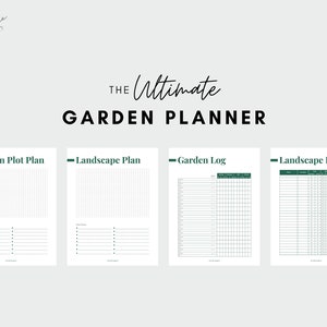 May include: The Ultimate Garden Planner printable set includes four pages: Garden Plot Plan, Landscape Plan, Garden Log, and Landscape Log. Each page features a grid layout and blank lines for planning and tracking.