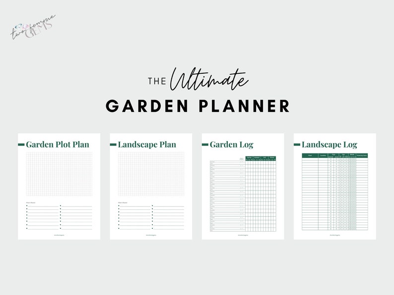 May include: The Ultimate Garden Planner printable set includes four pages: Garden Plot Plan, Landscape Plan, Garden Log, and Landscape Log. Each page features a grid layout and blank lines for planning and tracking.