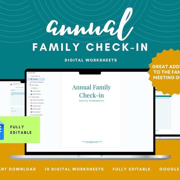 Digitale jaarlijkse familie check-in, familiebijeenkomst, thuisplanner, agenda huwelijksvergadering, jaarvergadering, ADHD afdrukbaar, moederplanner