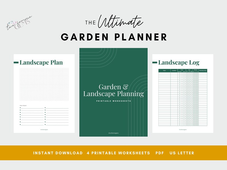 May include: Printable garden and landscape planning worksheets. The set includes a landscape plan, a landscape log, and a cover sheet with the text "The Ultimate Garden Planner" and "Garden & Landscape Planning".