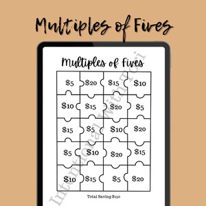 May include: A printable PDF worksheet for learning multiples of five. The worksheet is formatted as a puzzle with 16 squares, each containing a dollar amount that is a multiple of five. The total saving is $150.