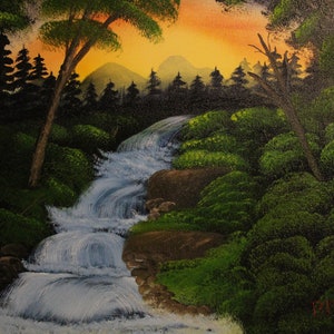 Raging River through the forest at sunrise - oil painting