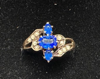 Jolie bague vintage en or jaune 10 carats, verre bleu et perles de rocaille, taille 7,75