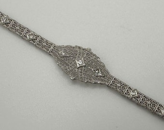 Beautiful Antique Art Deco 14k White Gold Diamond Filigree Bracelet