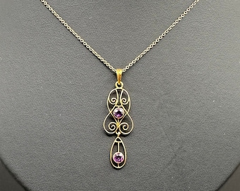Vintage Art Deco 14k Yellow Gold Cable Chain Purple Amethyst Gemstone Charm Pendant Necklace