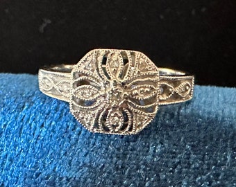 Antique Art Deco Filigree 14k White Gold Diamond Ring Size 6.5