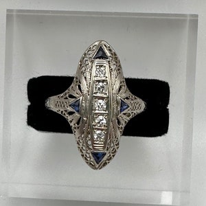 Antique Art Deco White Gold Filigree and Old European Cut Diamond Ring Size 7.75 with Blue Stone Accents