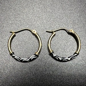 Vintage 14k Yellow Gold with Black and White Enamel Hoop Earrings