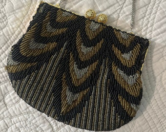 vintage Pochette à main ornée de perles, argent/or/noir, sac à main sans marque