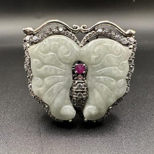 Schitterende JOY 925 sterling zilveren vlinderring met jade, robijn en zirkonia, maat 11