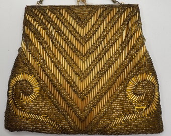 Beautiful Vintage Gold Beaded Evening Purse Prism With Strap