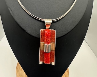 Large Vintage Red Coral Sterling Silver .925 Pendant Necklace