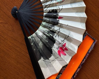 Original Hand Painted Drawn Decorated Wall Hanging Fan Chinese Silk Box Signed