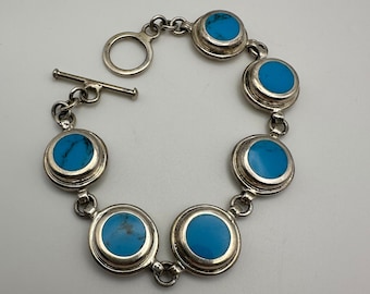 Mexico Sterling Silver .925 13.9mm Circle Turquoise Link Bracelet 39.1g Vintage