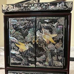 Rare X-Large 18x13 Inch Handmade Korean Mother of Pearl Inlay Luxury Jewelry Box Velvet Interior Four Drawers & More Meticulous Korean Art