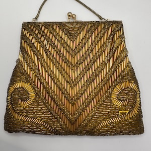 Beautiful Vintage Gold Beaded Evening Purse Prism With Strap