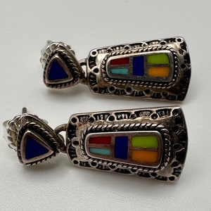 Unique Vintage .925 Sterling Silver Multi-Colored Inlay Dangle Earrings Marked Thailand with New Backings