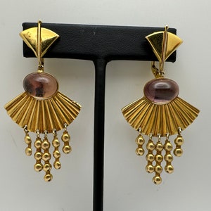 Beautiful Italian Vintage 14k Yellow Gold Glass Accent Fan Dangle Earrings