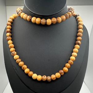 Single Strand Handmade Palestine Palestinian Olive Wood from Bethlehem Wooden Beaded Necklace on Leather Cord