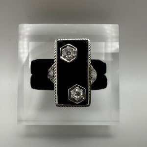 Vintage 14k Weißgold Onyx und Diamant Filigran Rechteck Ring Größe 6.5