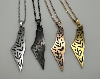Palestine Palestinian Leaf Pattern Map Pendant Necklace - Choice of Black, Silver, Rose Gold and Yellow Gold Colors - Stainless Steel
