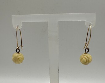 14k Yellow Gold Earrings with Carved Cream Colored Beads