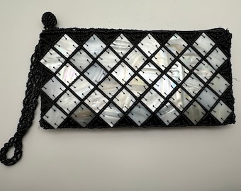 Vintage Black Beaded Clutch Wristlet Evening Bag Purse