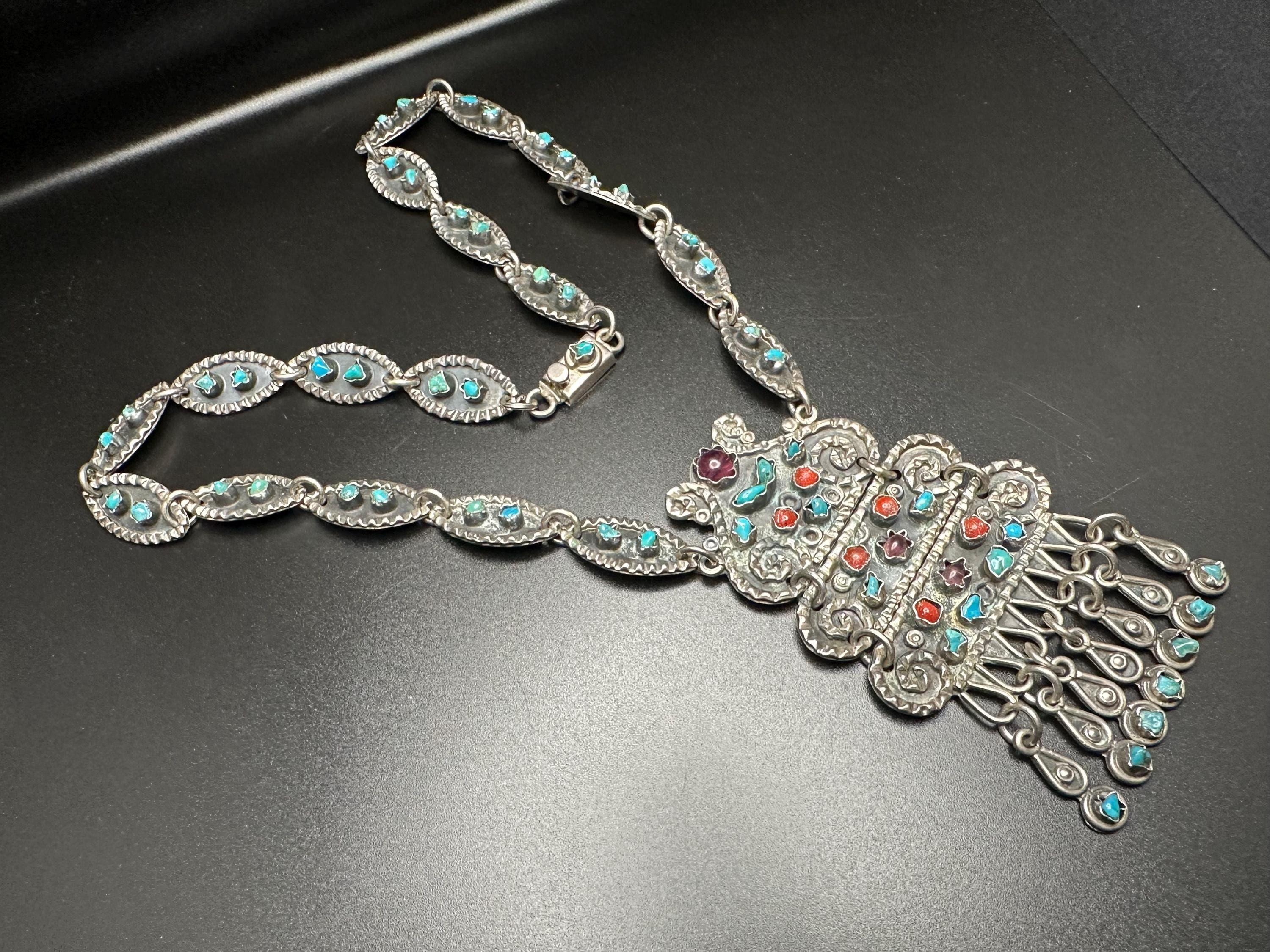 Vintage Heavy Mexican .925 Sterling Silver Necklace With Turquoise