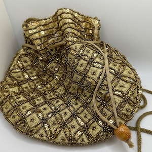Gold Beaded Sequins Evening Bag Purse with Strap