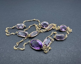 Beautiful Vintage 14k Yellow Gold Long Chain with Amethyst Purple Stones 19.2 Grams