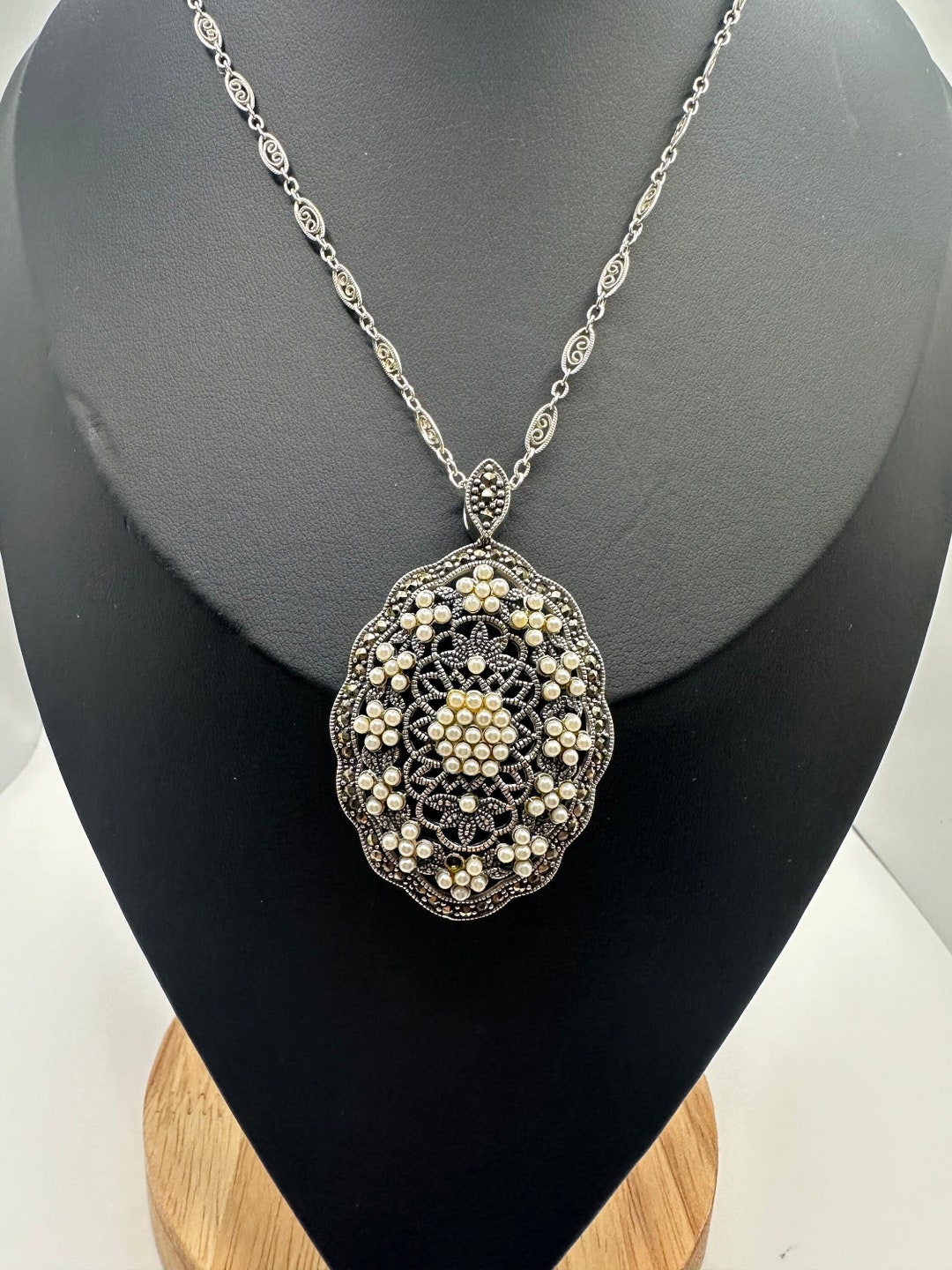 Vintage 925 Filigree Marcasite & Seed Pearl and Filigree Necklace 25.34 ...