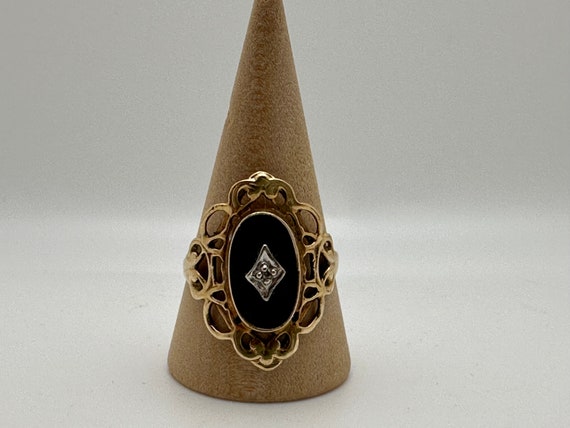 Vintage 10k Yellow Gold, Onyx, and Diamond Ring S… - image 3
