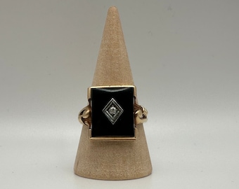 Vintage 10k oro amarillo ónix negro y anillo de diamantes tamaño 8.25