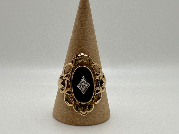 Vintage 10k Yellow Gold, Onyx, and Diamond Ring S… - image 4