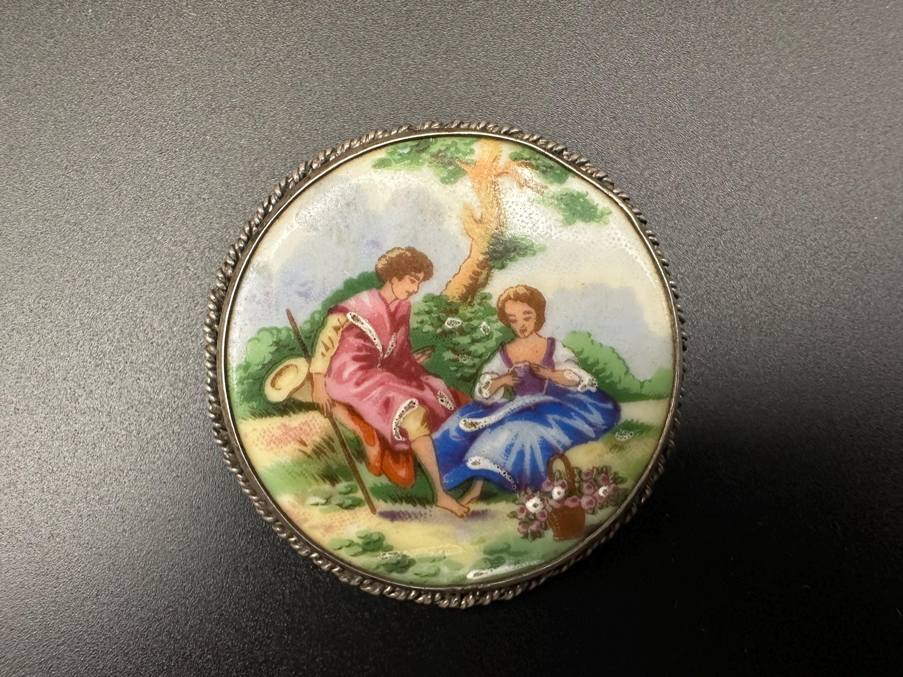 Vintage Limoges France .925 Sterling Silver Figural Hand Painted