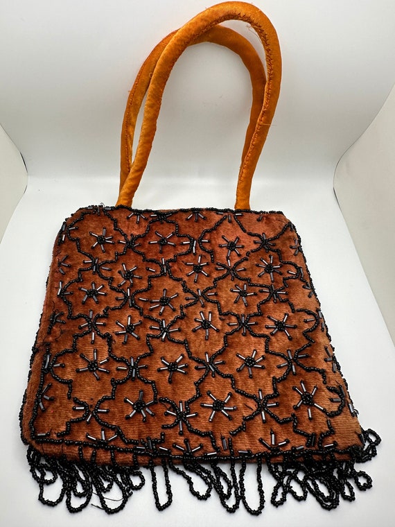 Vintage Rust Orange and Black Beaded Evening Bag P