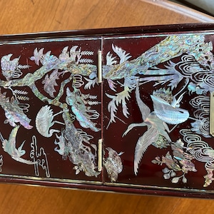 Vintage Mother of Pearl Inlay Large Handcrafted Korean Jewelry Box and Mirror