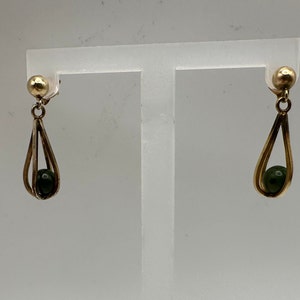 Vintage 14K Yellow Gold & Caged Jade Dangle Earrings
