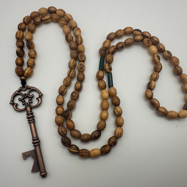 Palestine Palestinian 99 Bead Tasbeeh Prayer Bead Necklace Olive Wood from Bethlehem and Skeleton Key Right of Return