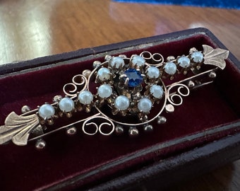 Beautiful Antique 14 Kt Yellow Gold Pearl and Sapphire Brooch in Original Box - 5.8 Grams