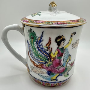 Beautiful Vintage Chinese Porcelain Lidded Tea Cup Hand Painted and Decorated