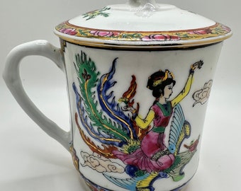 Beautiful Vintage Chinese Porcelain Lidded Tea Cup Hand Painted and Decorated